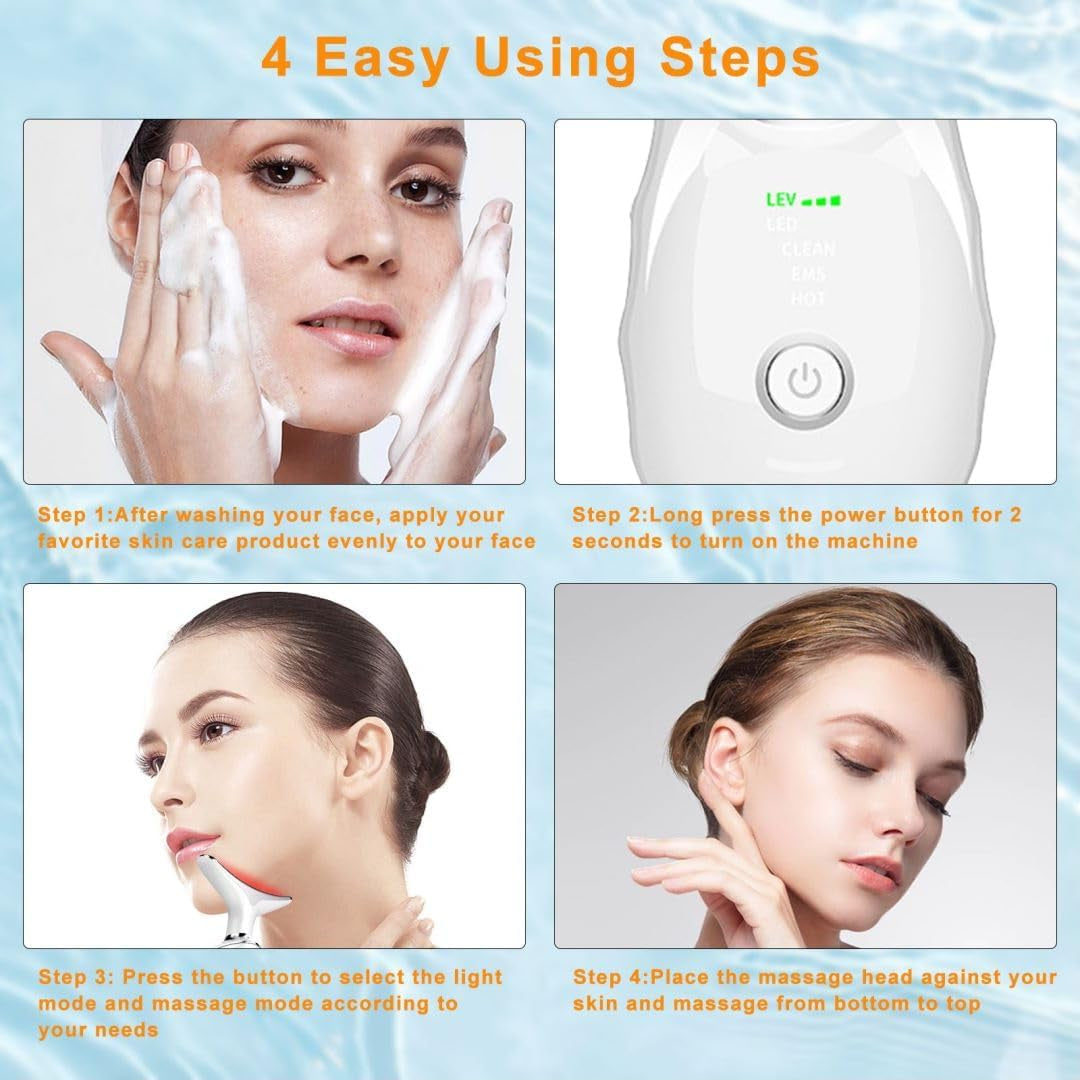 Facial Beauty Device, Facial Skin Care Tools, Based on Triple Action LED, Thermal, and Vibration Technologies, Red and Blue LED Light, 7 Color Led Face and Neck Beauty Device for Home Use