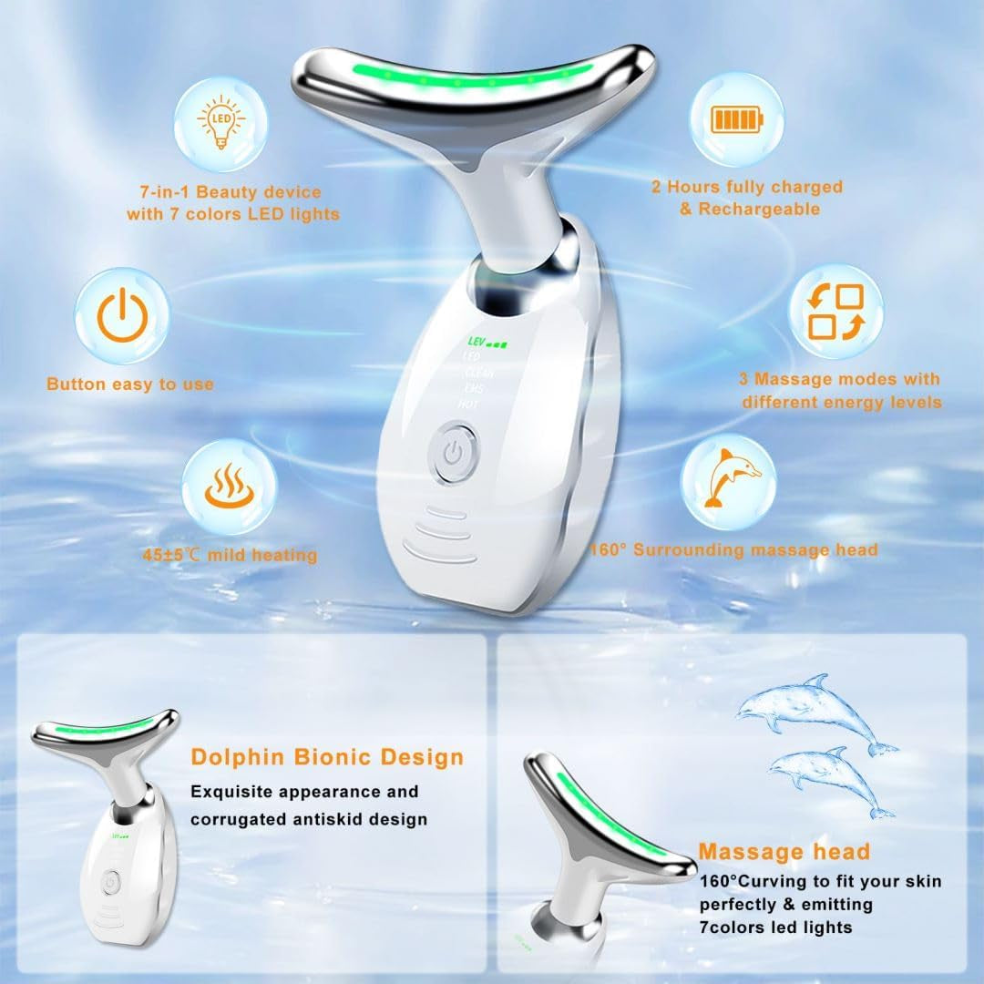 Facial Beauty Device, Facial Skin Care Tools, Based on Triple Action LED, Thermal, and Vibration Technologies, Red and Blue LED Light, 7 Color Led Face and Neck Beauty Device for Home Use